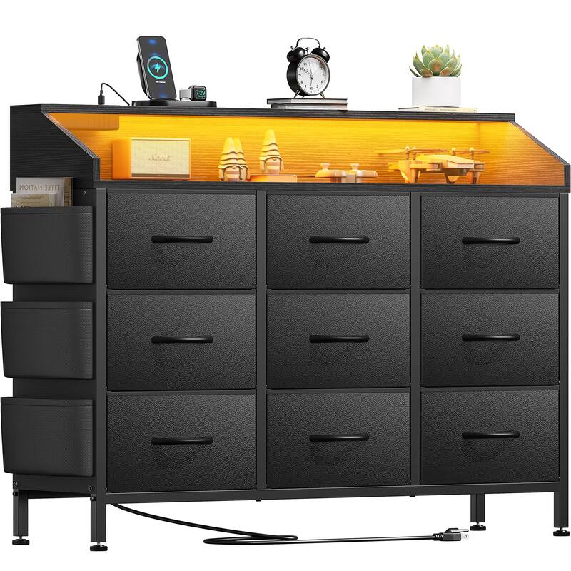 Dresser for Bedroom 9 Fabric Drawers Chest with Power Outlet LED Light