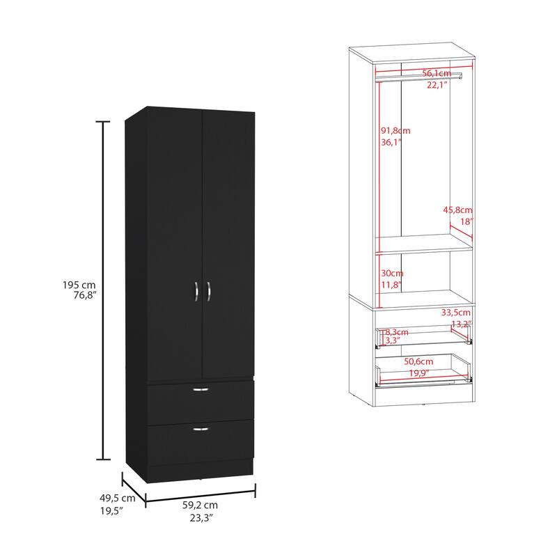 19.5" Modern Double-door Armoire with 2 Drawers, One Shelf and Hanging Rod