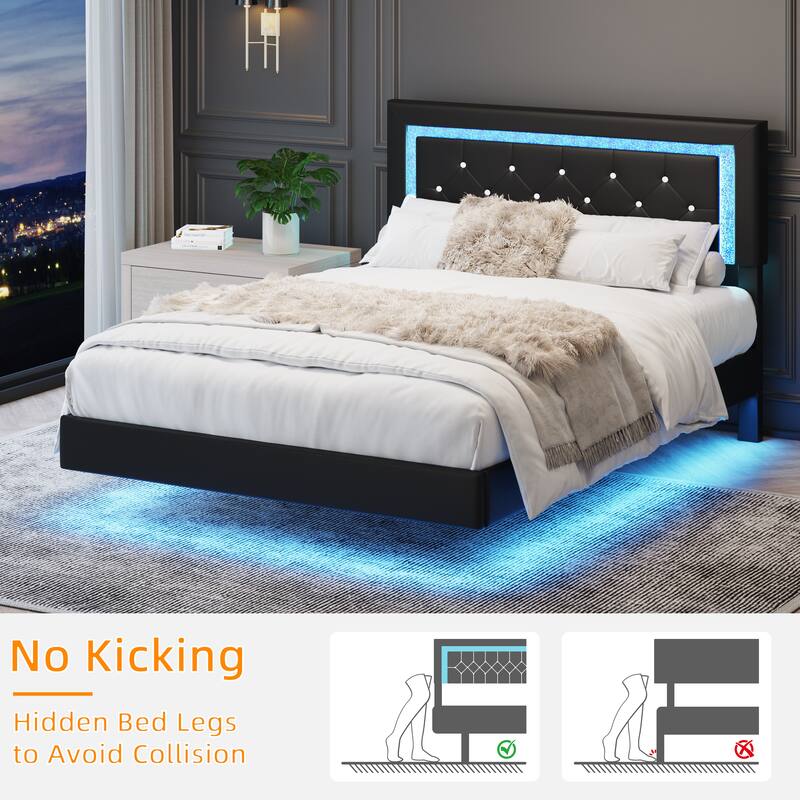 Full Size Bed Frame with Headboard, Floating Bed Frame with LED Lights, Upholstered Platform Bed with Diamond Tufted Headboard