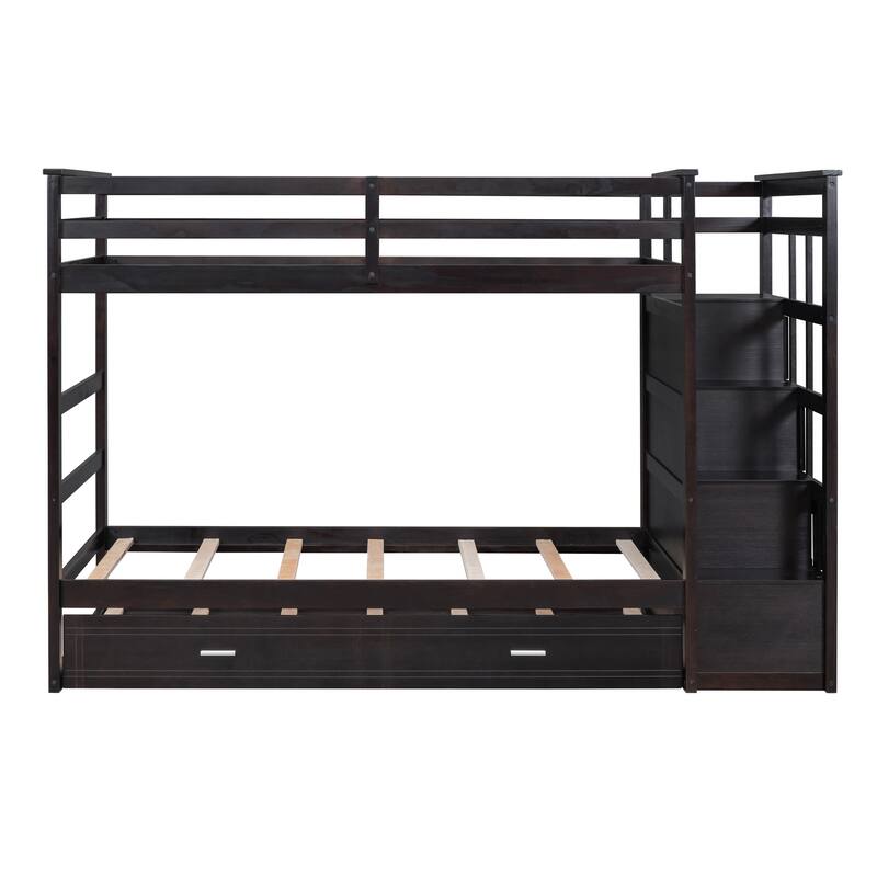 Twin Over Twin Bunk Bed with Trundle and Staircase, Espresso Finish