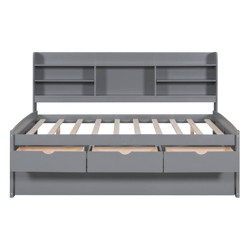 Full Size Wooden Bed with Bookcase Headboard, Three Storage Drawers, and Trundle for Space-Saving Design