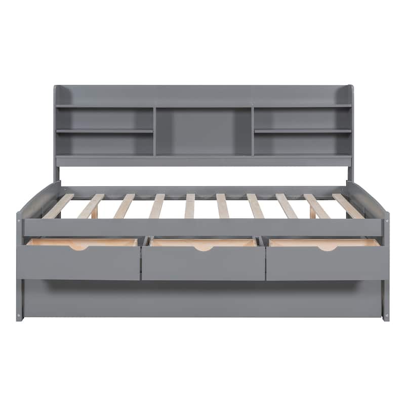 Wooden Full Captain Bed with Built-in Bookshelves