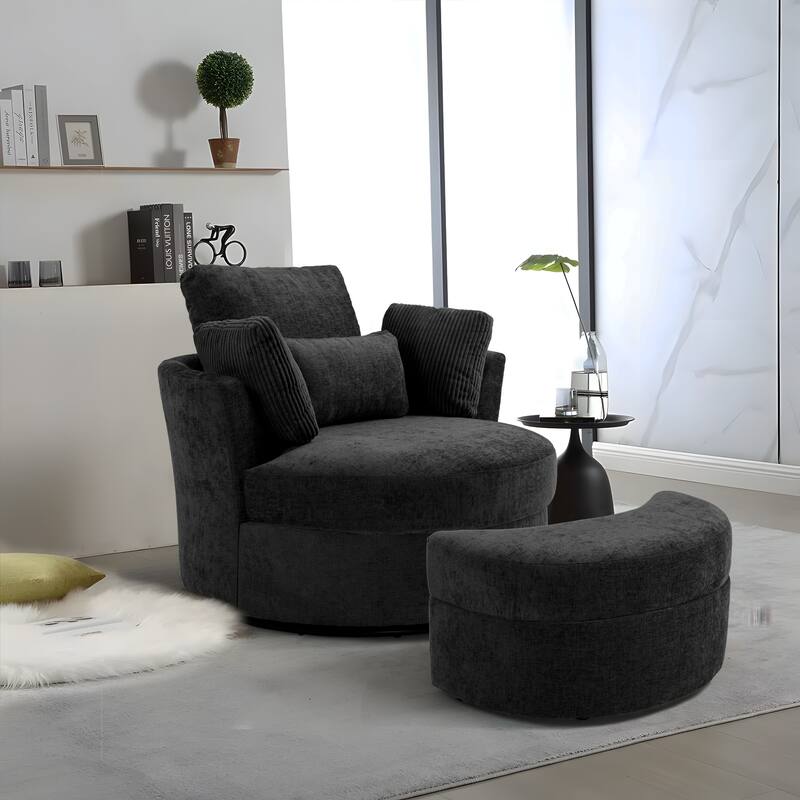 Chenille/Boucle Swivel Barrel Chair with Storage Ottoman