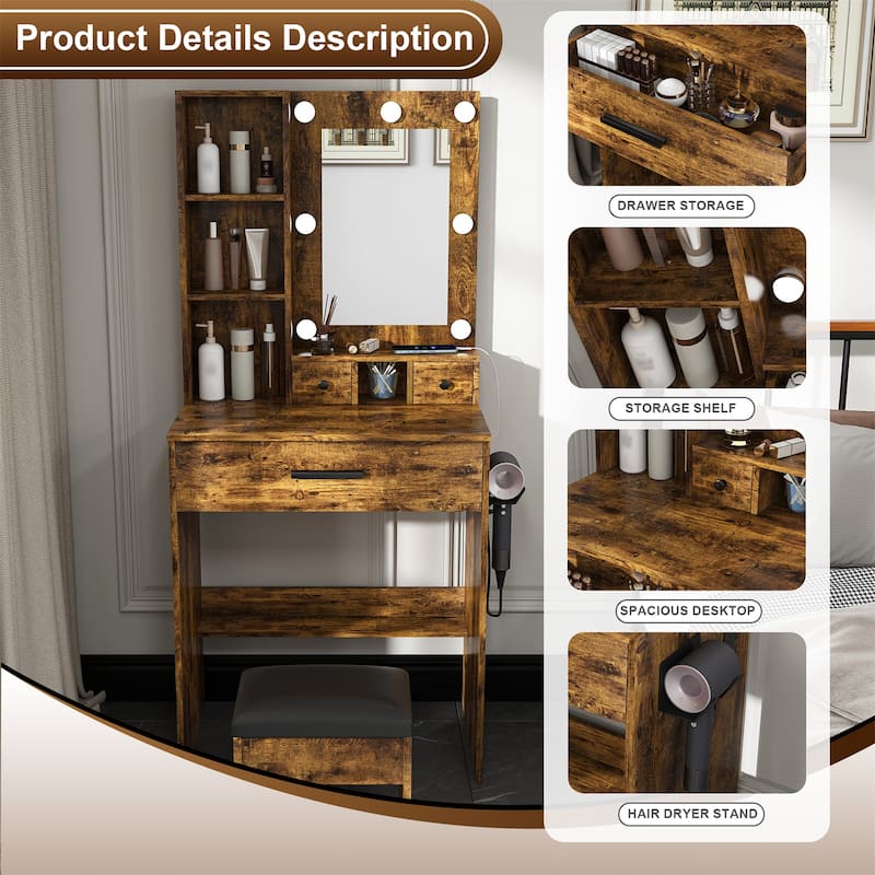 Vanity Table with Mirror & Adjustable LED Lights, Power Outlet, Hairdryer Holder & Stool