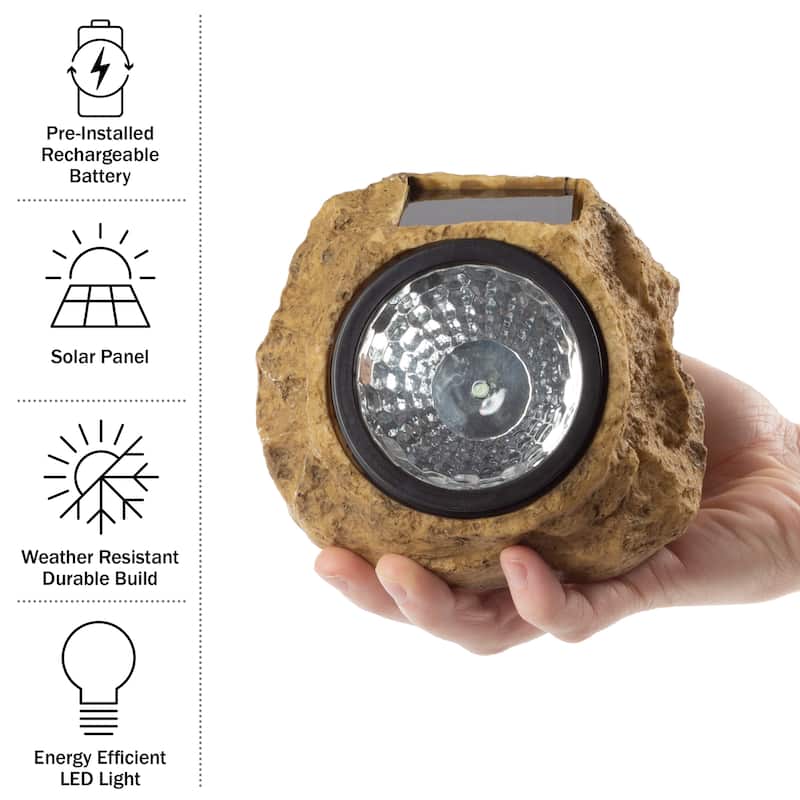 Solar Outdoor Lights - 4-Pack of All-Weather Faux-Stone LED Rock Lights by Pure Garden (Brown)