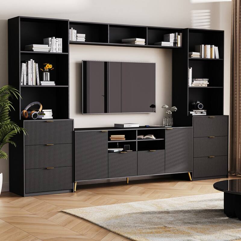 4-Piece Wood Wall Unit Entertainment Center with 13 shelves,8 Drawers and 2 Cabinets - Black