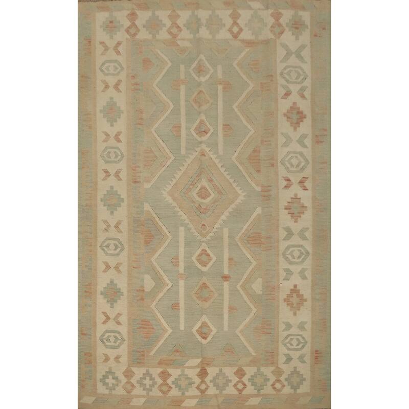 Hand Woven Oriental 100% Wool Carpet Southwestern Tribal Green Kilim Area Rug - 8' 2'' X 5' 10''