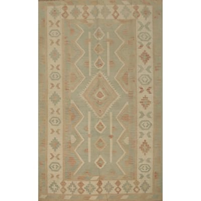Hand Woven Oriental 100% Wool Carpet Southwestern Tribal Green Kilim Area Rug - 8' 2'' X 5' 10''
