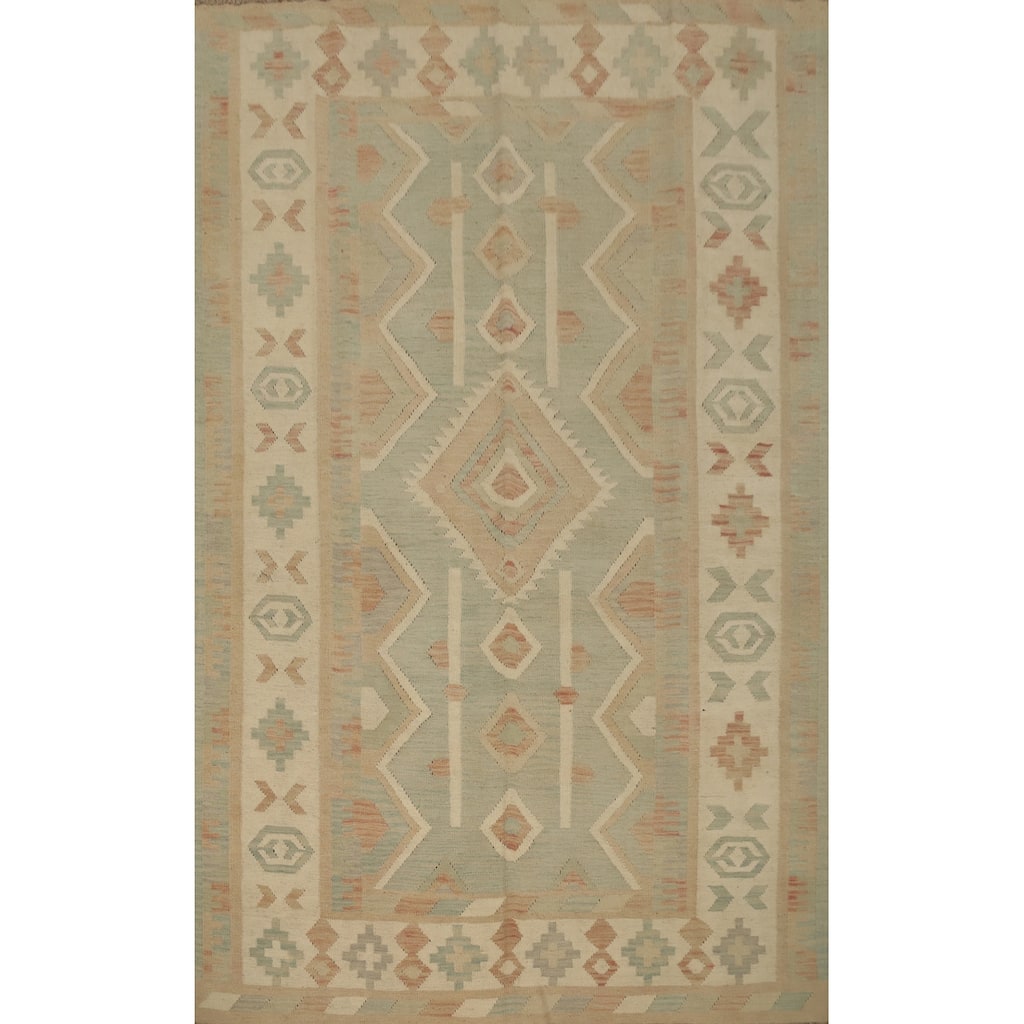 Hand Woven Oriental 100% Wool Carpet Southwestern Tribal Green Kilim Area Rug - 8' 2'' X 5' 10''
