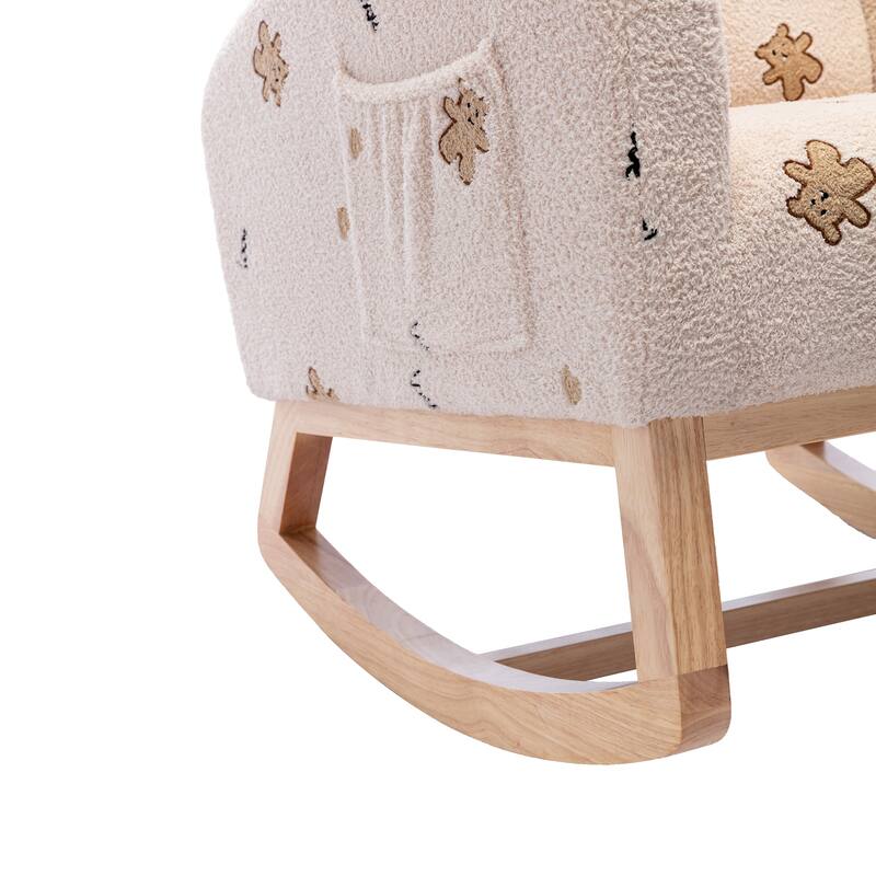 Modern Upholstered Rocker Armchair With Side Pocket, High Back Wooden Nursery Chair