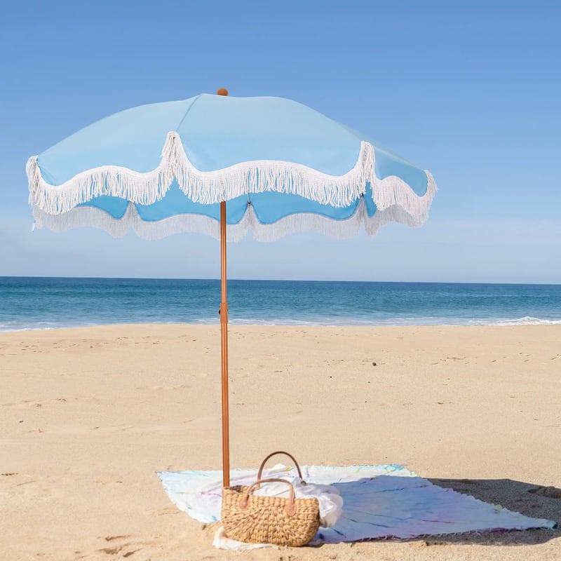 MAISON ARTS 7ft Patio Fringe Umbrella Outdor Tassel Beach Umbrella with Push Botton Tilt UPF50+