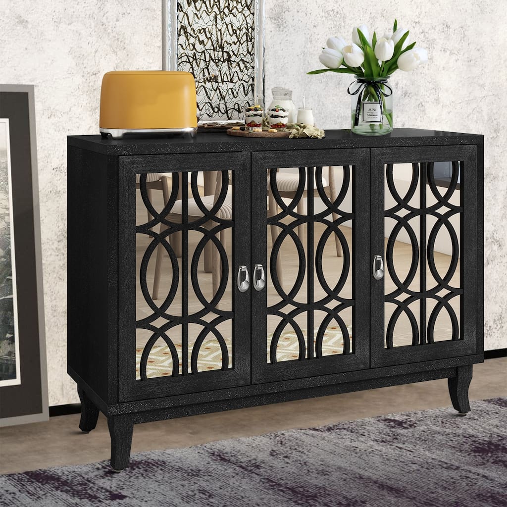 Modern Elegant Wooden Sideboard with Three Mirrored Cabinets Doors