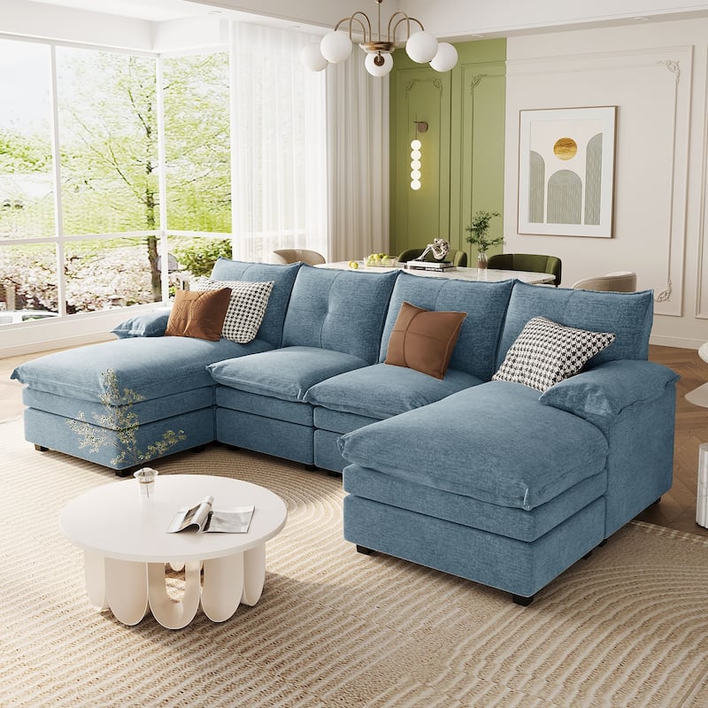 U-Shaped Chenille Sectional Sofa, Upholstered Deep Seat Couches with Adjustable Armrest Pillows and Button Tufted Backrest - Blue