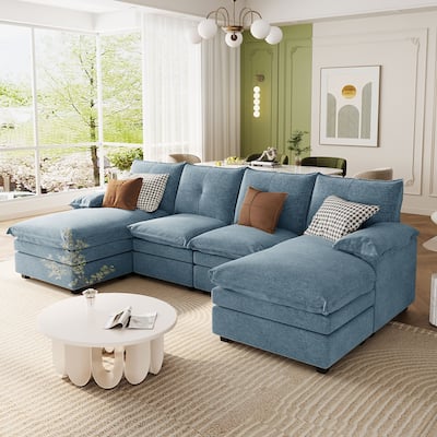 U-Shaped Chenille Sectional Sofa, Upholstered Deep Seat Couches with Adjustable Armrest Pillows and Button Tufted Backrest