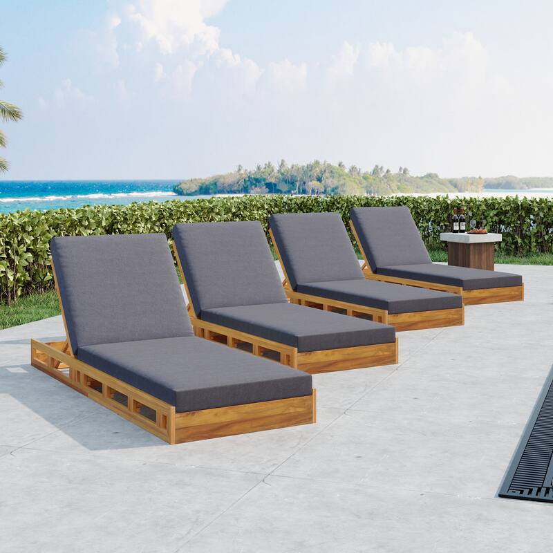 Roomfitters Outdoor Acacia Wood Chaise Lounge with 4 Inch Thick Water-Resistant Cushions Teak Finish