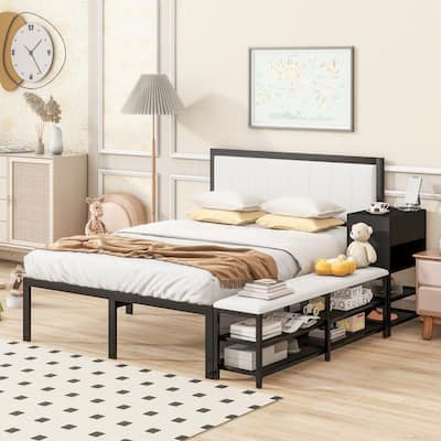Full size Metal Platform Bed with Two-Tier Storage Shelves
