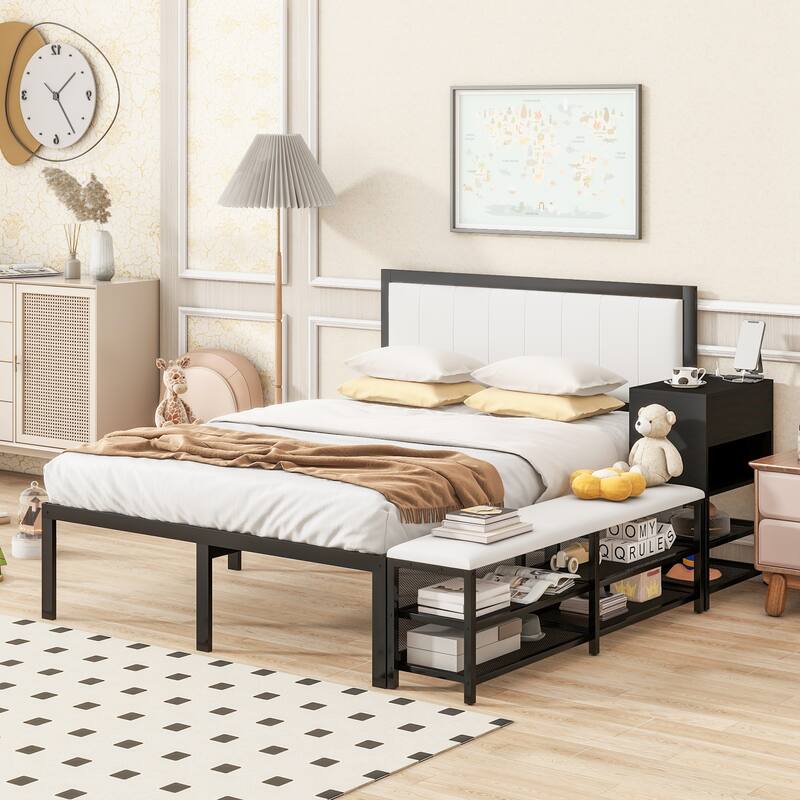 Modern Twin/Full Metal Bed Frame with Upholstered Top, Storage Shelves, and Wooden Cabinet