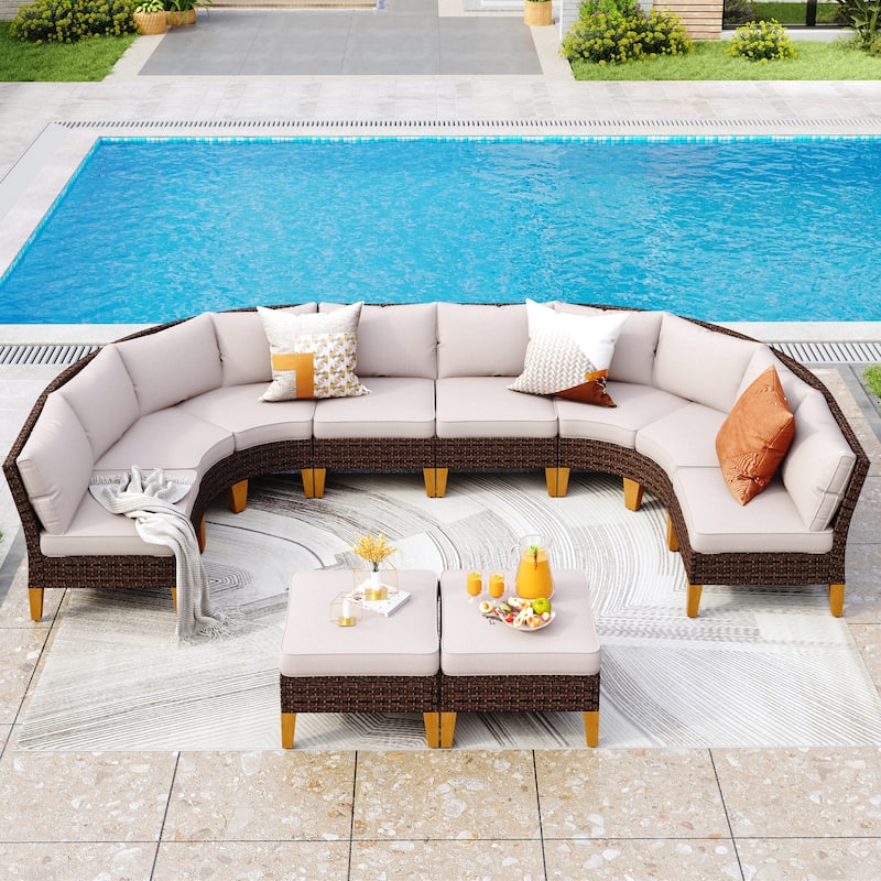 11-Piece Outdoor Wicker Half-Round Furniture Set, Half-Moon Sectional Sofa Set All Weather Rattan Curved Conversation Sets - 10 Seats - Type J