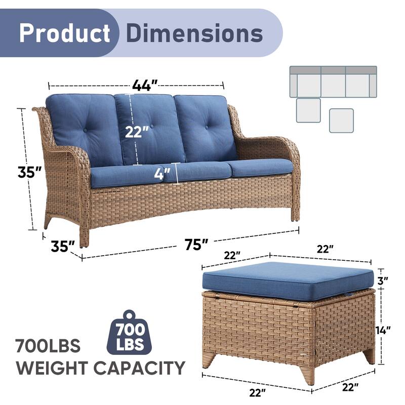 Gymojoy Patio Wicker 3-Seat Sofa with Ottoman Weather-resistance