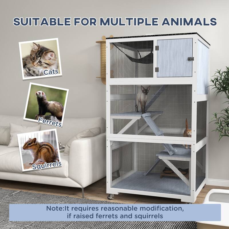 PawHut Catio, Outdoor Cat Enclosure House, Wooden Feral Cat Shelter on Wheels, Cat Cage with Hammock, Platforms Ramps