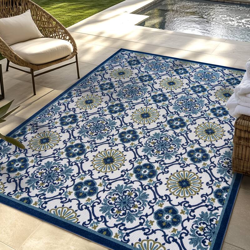 Gertmenian Kalari Modern Bold Multicolored High-Low UV Protected Polypropylene Woven Indoor/ Outdoor Area Rug Collection - 5'3"x7' - Azra Blue