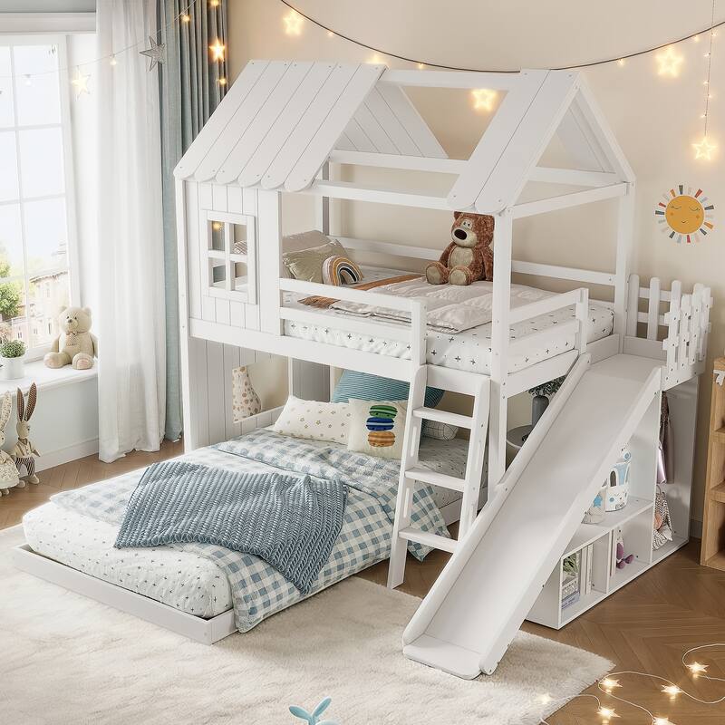 Twin over Full House Bunk Bed with Ladders and Slides, House Floor Bunk Bed with Storage Shelves and Wardrobe