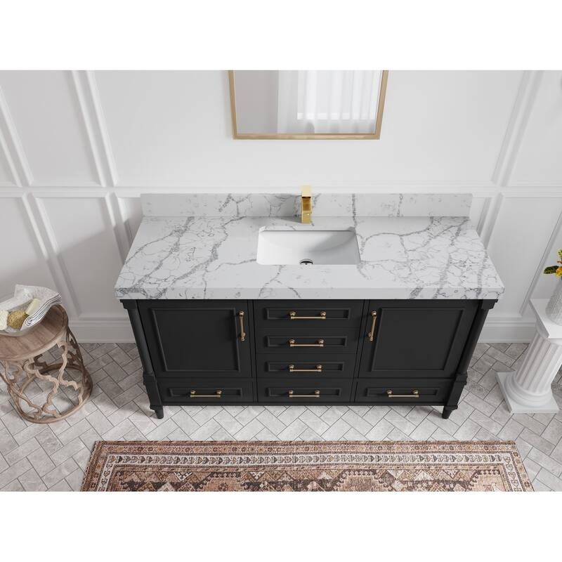 Willow Collections 60 in. W x 22 in. D Aberdeen Single Bowl Sink Bathroom Vanity with Countertop - 2" Venatino - Black