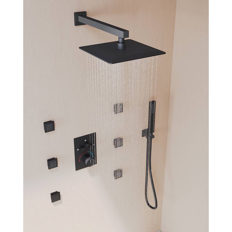 GRANDJOY Thermostatic Shower Faucet System Rainfall 12" Wall Mount Shower Faucet 6 Body Jets Handheld Spray High Pressure
