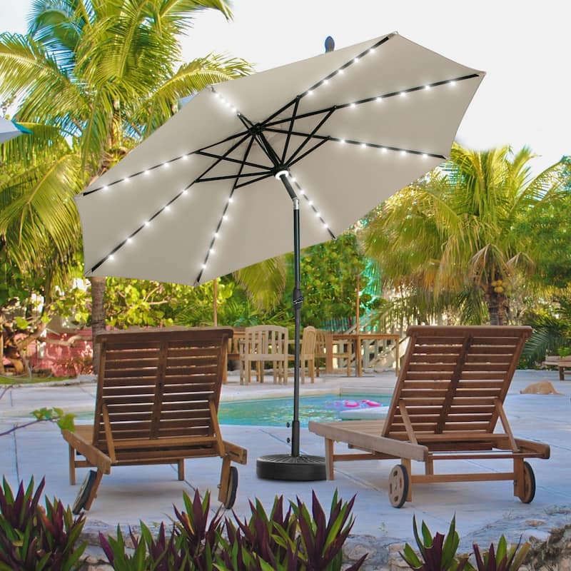 Ainfox 10ft Patio Umbrella with Lights Outdoor Solar Umbrella - Khaki with Base