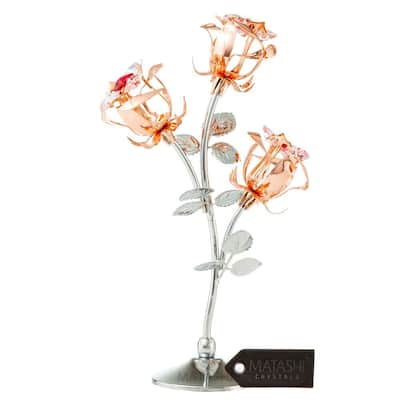 Matashi Rose Gold and Chrome Plated Rose Flower Tabletop Ornament w/ Red & Pink Crystals Metal Floral Arrangement | Home Decor