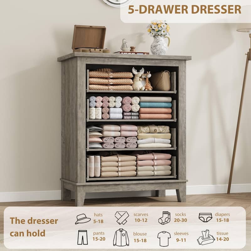 5 Drawer Dresser for Bedroom, Tall Freestanding Chest with Wood Frame and Vertical Storage