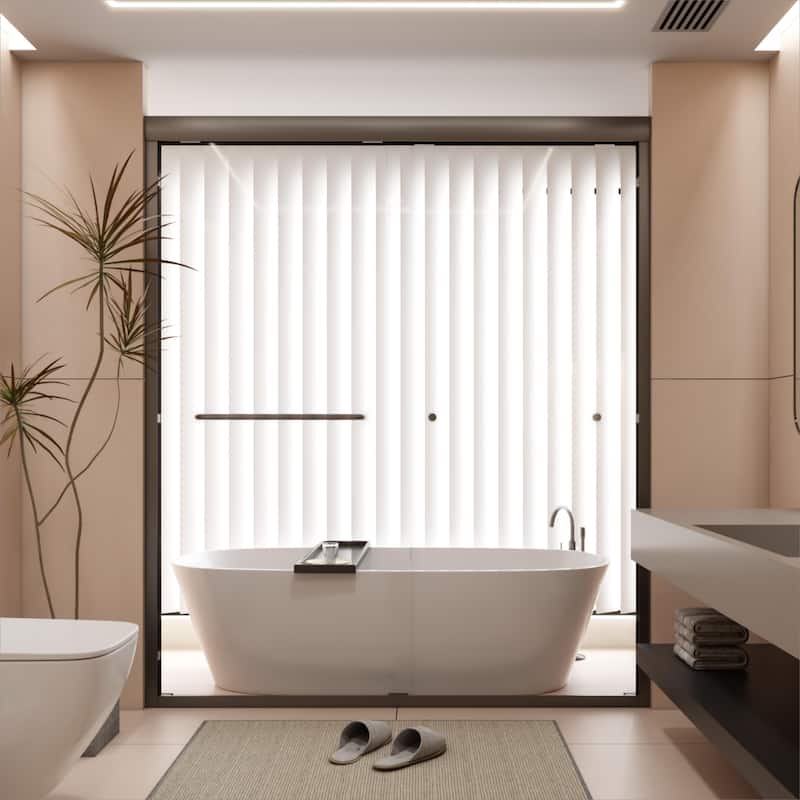 60''W Semi-Frameless 1/4'' Glass Double Sliding Shower Door in Black/Chrome for Bathroom