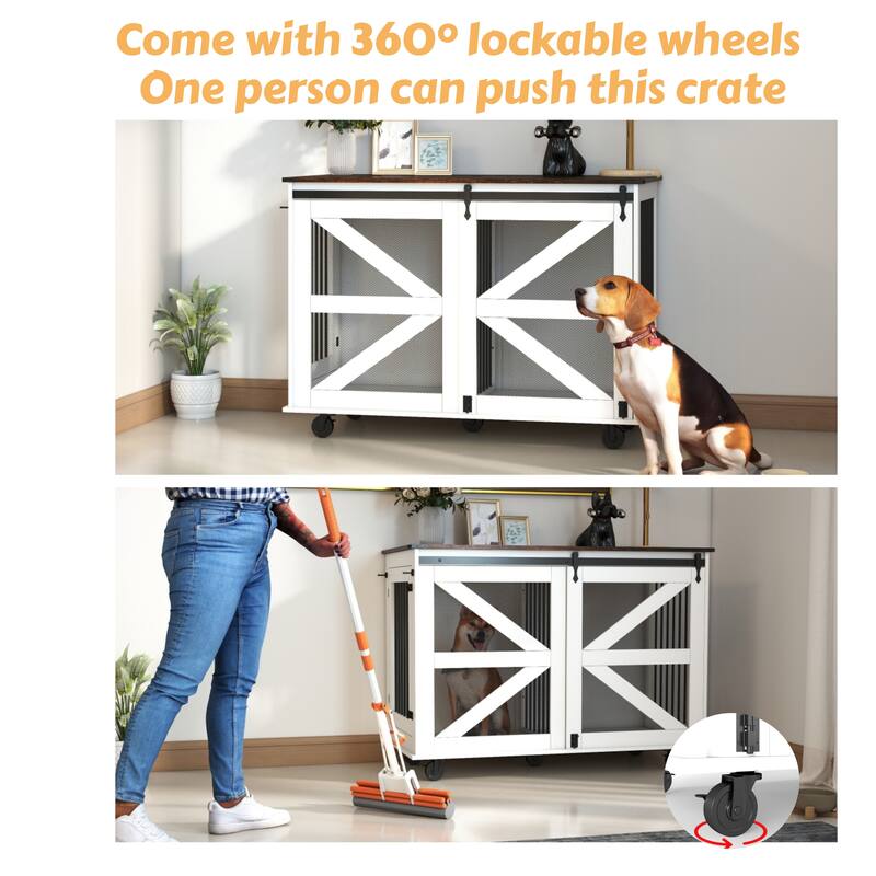 47.2" Multi-Functional Pet Kennel with Flip-Top Feeding Door, Dual-Access, 5 Caster System, Side Hooks