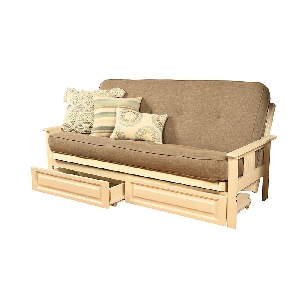 79 in. Antique White/Linen Stone Linen Upholstered Full Size Futon Set with Mattress and Storage Drawers