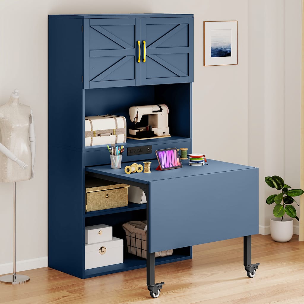 Moasis Expandable Crafting Table with Storage, Artwork Sewing Table with Cabinet and Magnetic Doors & Power Outlets