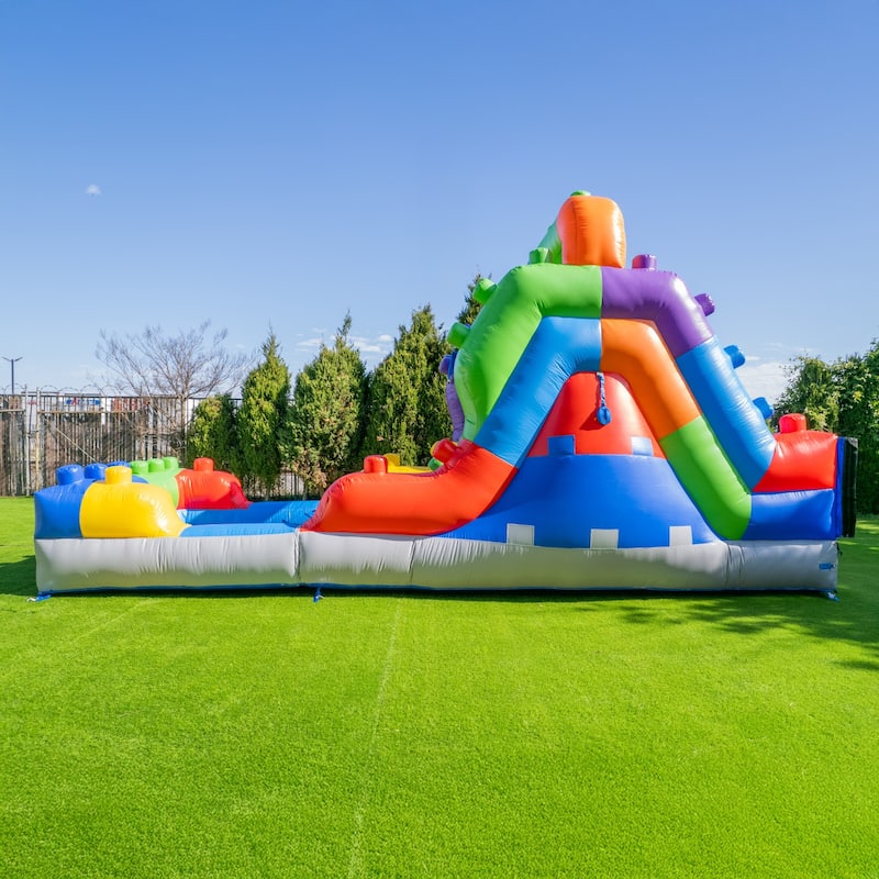 HeroKiddo 12 FT Block Party Dual Lane Backload Inflatable Water Slide with Attached Pool & Air Blower, Commercial Grade, Outdoor