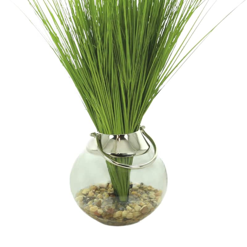 Organic Modern Green Grass in Round Glass Vase with Rocks and Acrylic Water