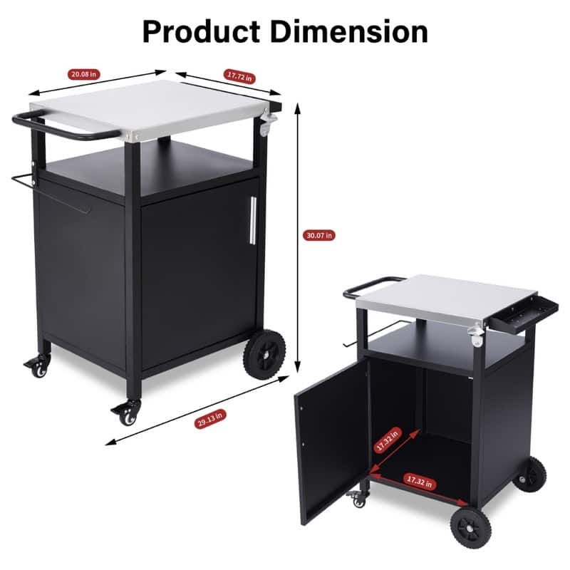 4-Wheel Black BBQ Cart With Stainless Steel Top, Single-Door Cabinet Grill Station - N/A