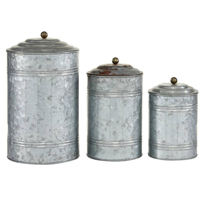 Gray Metal Galvanized Ribbed Living Room Decorative Jars with Gold Ball Knobs (Set of 3)