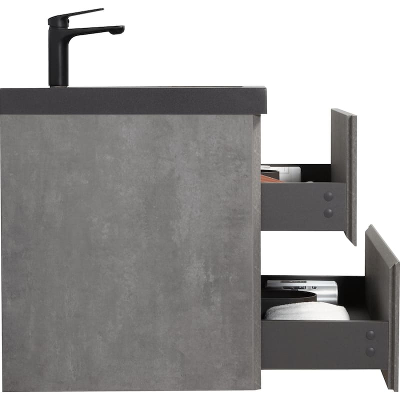 Grey Wall-Mounted Bath Vanity, Quartz Top,Sink and Soft Close Drawers