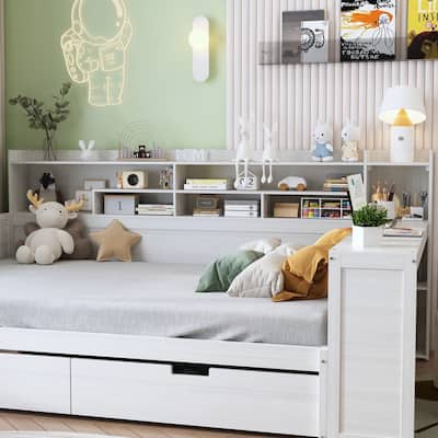Wooden Daybed with Storage Shelves and Two Storage Drawers