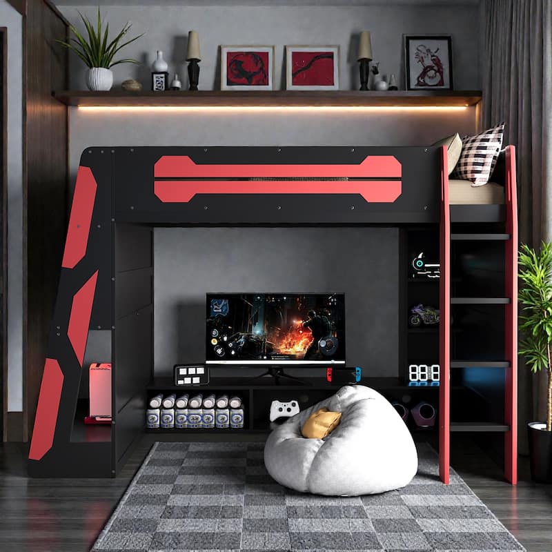 Twin Size Gaming Loft Bed with Desk, Multi-Storage Shelves, RGB Light Strip, Wood Frame, Esports Style Setup