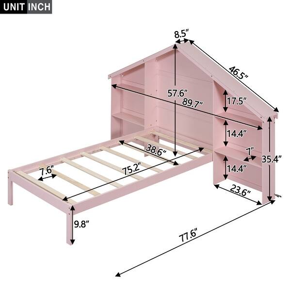 dimension image slide 1 of 2, Twin Size Wood Platform Bed with House-shaped Storage Headboard and Built-in LED for Bedroom