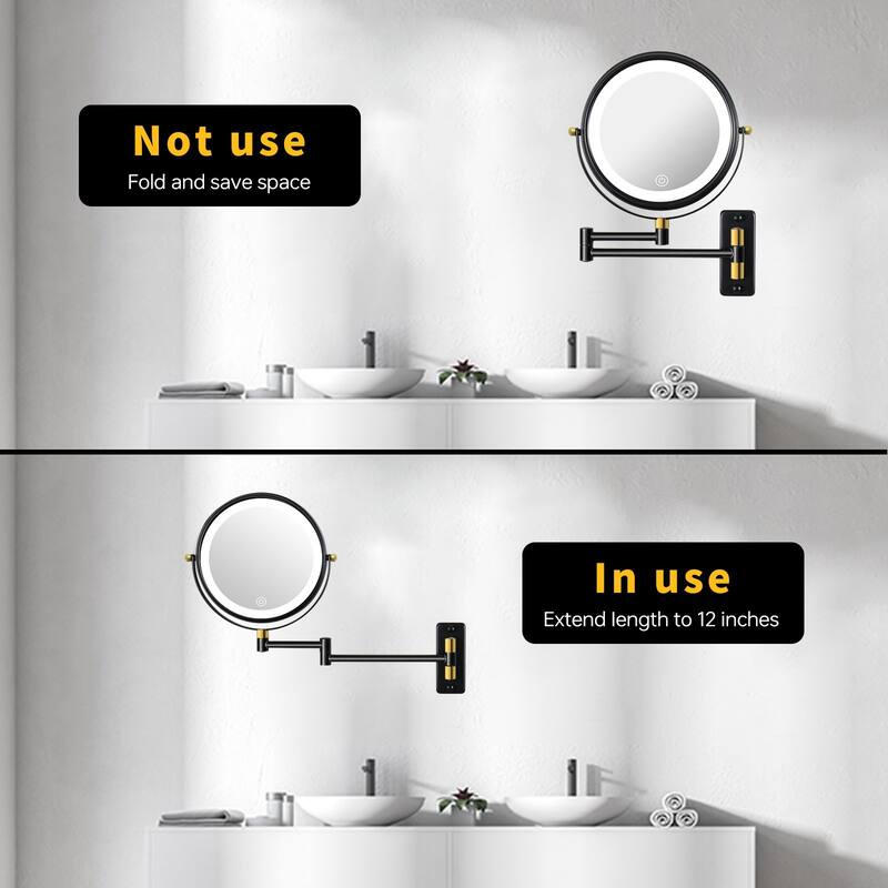360° Swivel Wall Mounted Makeup Mirror with LED Lights & Extension Arm, 8.6"/8"in. Double Sided 1X/10X Magnifying Mirror