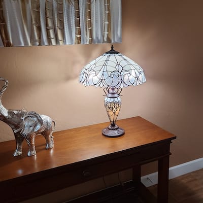 Tiffany Style White Floral Double Lit Table Lamp Amora Lighting