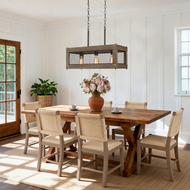 Farmhouse 5-Light Rectangle Wood Chandelier Rustic Island Lights for Dining Kitchen Island