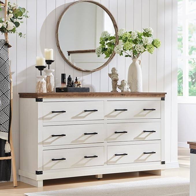 Farmhouse 6 Drawers Dresser, Wood Chest of Drawers, Closet Dresser - Antique White