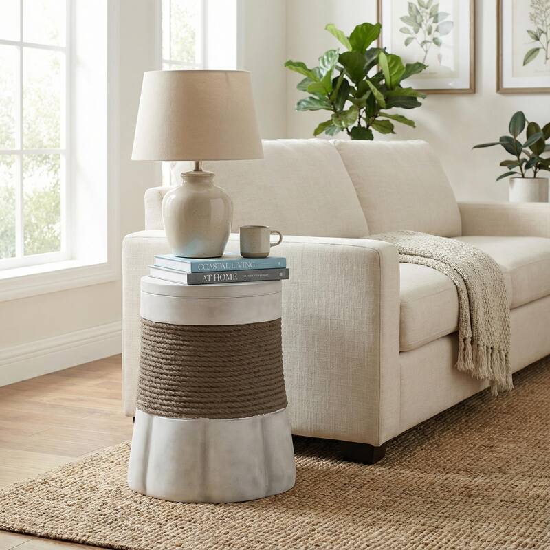 Christopher Knight Home - 14" Retro Woven Rope MGO Side Table with Fan Pedestal Base - Brown,Gray/14"W