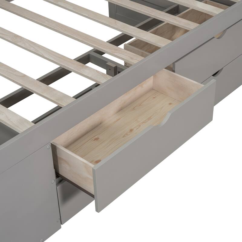 Pine Wood Daybed Frame with 4 Storage Drawers & Shelves