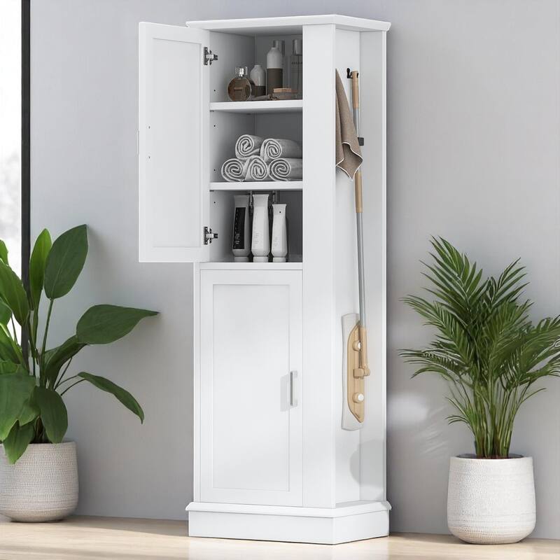 68-Inch Tall Bathroom Storage Cabinet with 2 Doors, Adjustable Shelves, Side Hooks & Anti-Tip Kit, Freestanding Organizer, Black